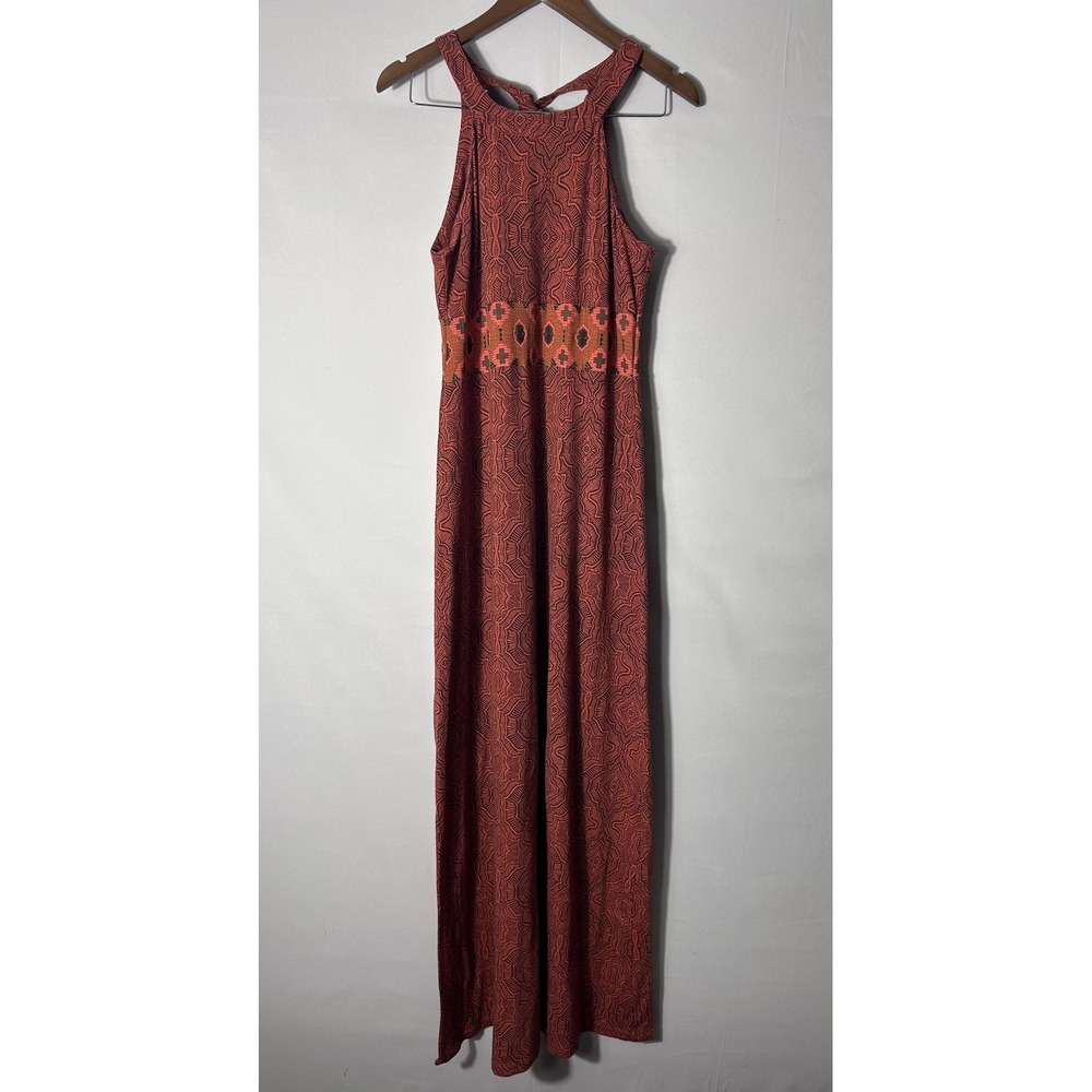 PrAna Dress Womens Medium Orange Geometric Halter Maxi Organic Cotton Jersey